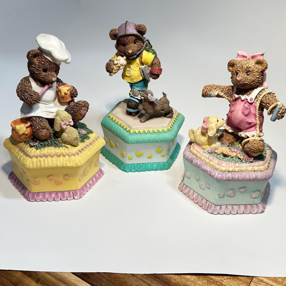 Vintage Heritage House Playful Teddy Bears Musical Trinket Boxes (Set of 3)
